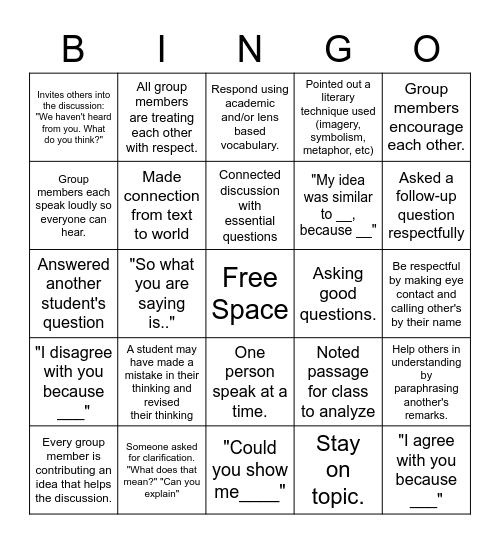 Group Discussion Bingo Card
