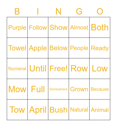 Word bingo Card