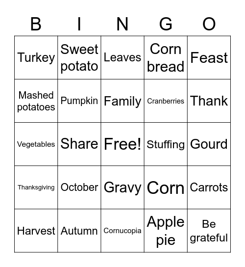 Action de grâce Bingo Card