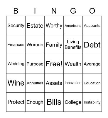 WINE, WOMEN & WEALTH Bingo Card