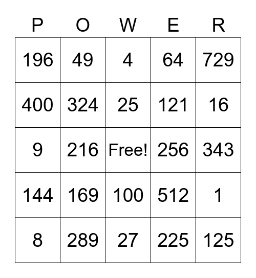 Squares and Cubes Bingo! Bingo Card