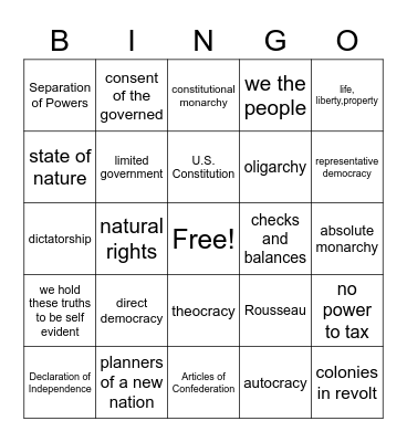 Unit 1: Government Review Bingo Card