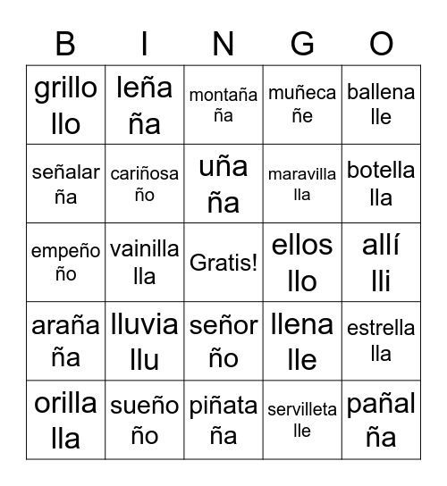 Sílabas lla, lle, lli, llo, llu, ña, ñe, ñi, ño, ñu ---Bingo Card