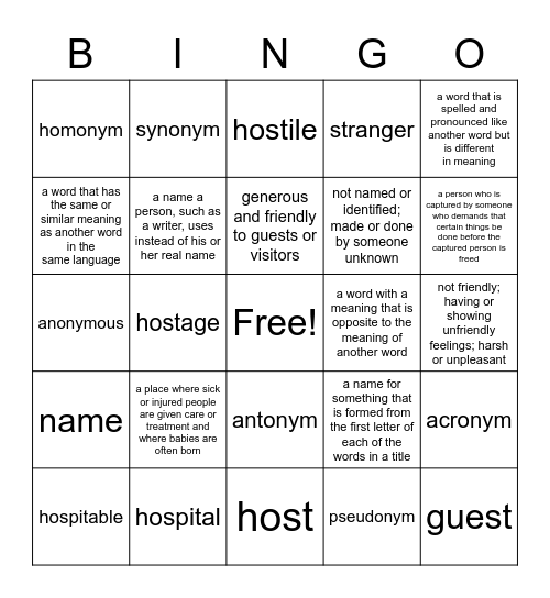 Vocabulary Unit 8 Bingo Card