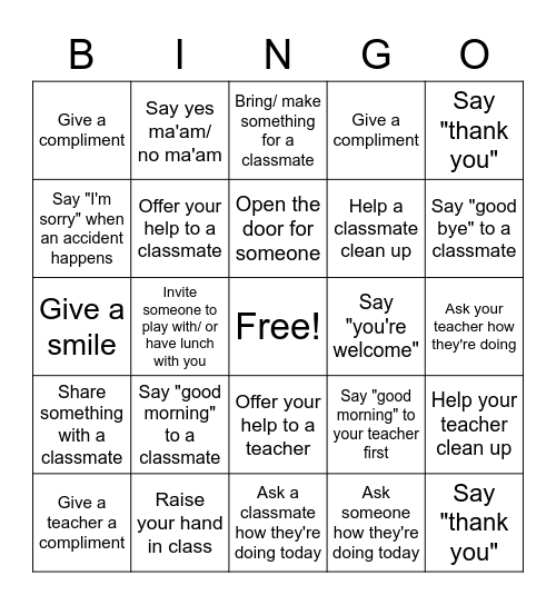 Kindness/ Respect Bingo Card