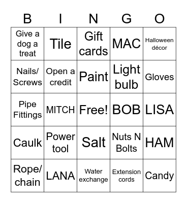 Home Depot Bingo Card