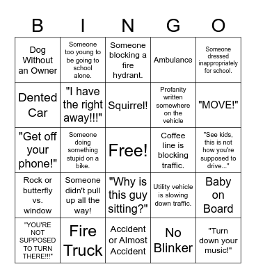 Driving to School Bingo Card