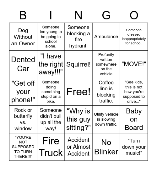 Driving to School Bingo Card