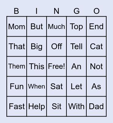 Sight Word Bingo Card