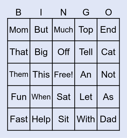 Sight Word Bingo Card