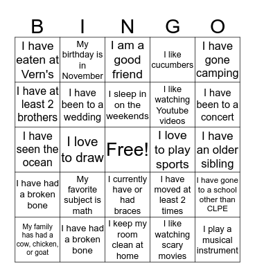 Girls Group Bingo!  Bingo Card