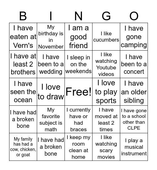 Girls Group Bingo!  Bingo Card