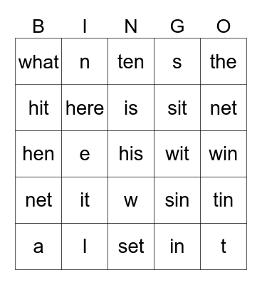 Language and Phonics Bingo Card
