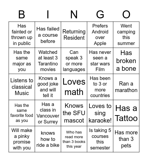 Find Someone who: (Different person for each box) Bingo Card