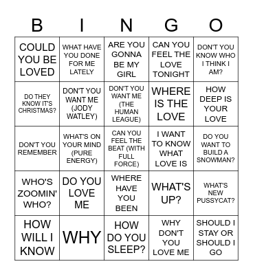 QUESTIONS Bingo Card