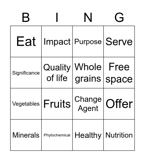 Colorful Eating & Quality Living Bingo Card