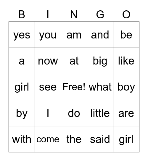 Bingo Sight Words Bingo Card