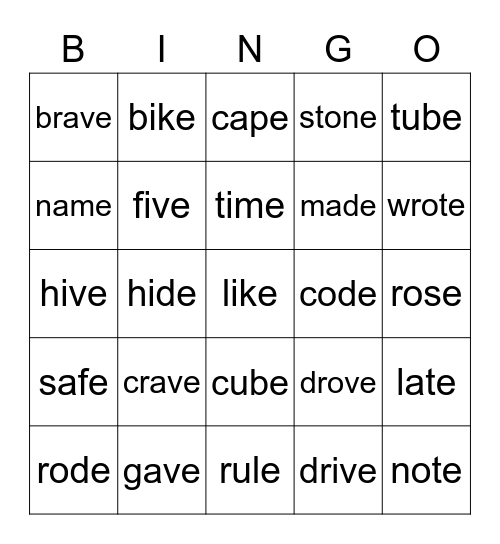 silent e Bingo Card