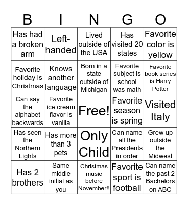 Find Me! Bingo Card