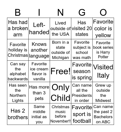 Find Me! Bingo Card