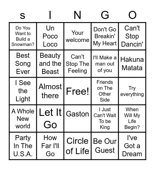 Song Bingo Card