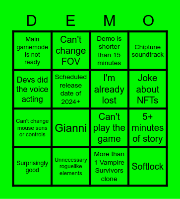 Steam NextFest Bingo Card