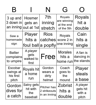 Royals Baseball Bingo Card