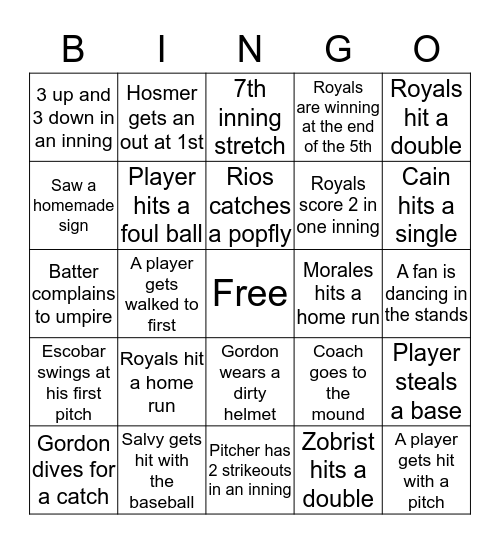 Royals Baseball Bingo Card