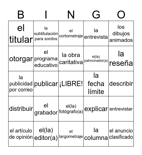 Español 3 - U2L2 Bingo Card