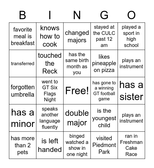 GT AMSA BINGO Card