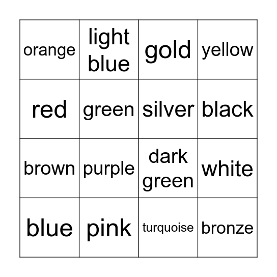 Colours Bingo Card