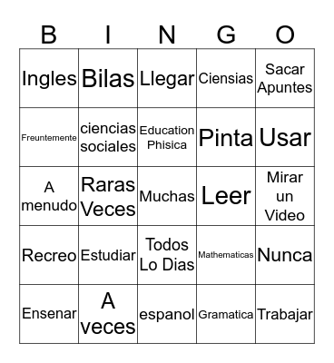 Verbs Bingo Card