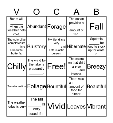 Fall Vocab Review Bingo Card
