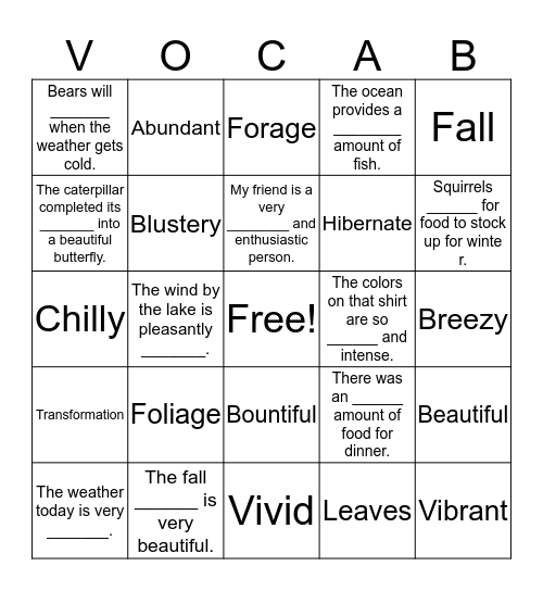 Fall Vocab Review Bingo Card