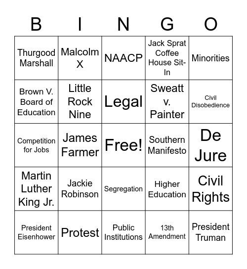 Civil Rights Movement Bingo Card