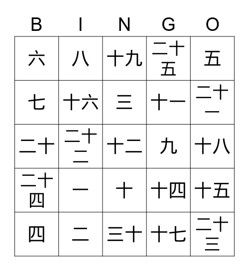 汉语数字 Bingo Card