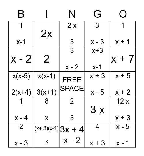 RATIONAL EXPRESSIONS BINGO Card