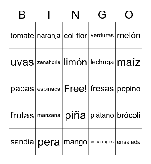 frutas y verduras Bingo Card