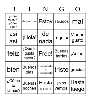 Spanish Conversation Bingo Card