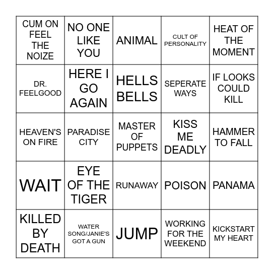 80'S ROCK Bingo Card