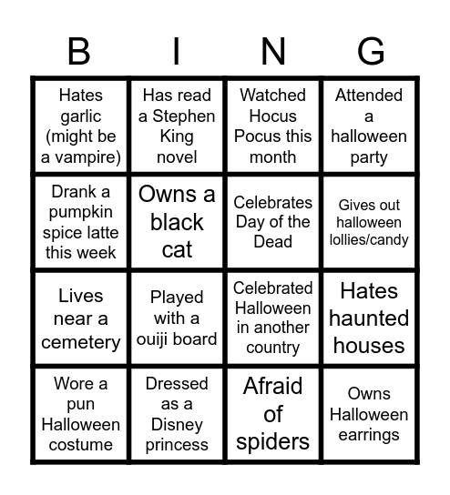 Virtual Halloween BINGO Card