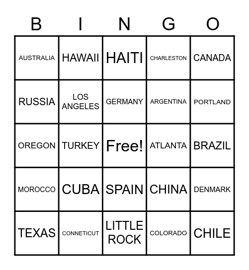 AROUND THE WORLD BINGO Card