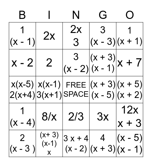 RATIONAL EXPRESSIONS BINGO Card