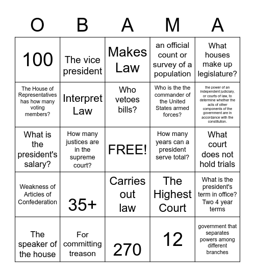 Executive Branch Bingo Card