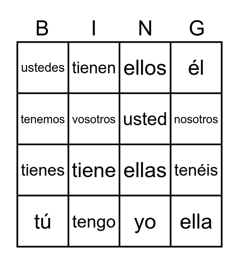 tener Bingo Card