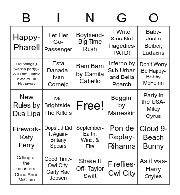 NHS Music Bingo Card