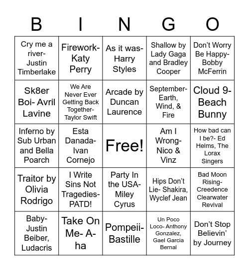NHS Music Bingo Card