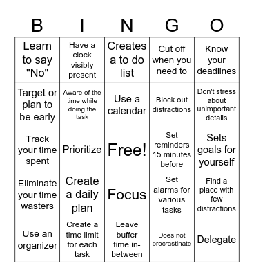 Time Management Bingo Card