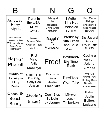 NHS Music Bingo Card
