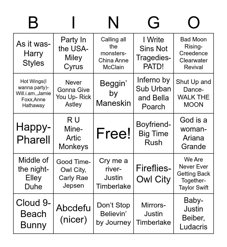 NHS Music Bingo Card